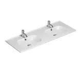 Stort badrumsinspiration med möbler i brun ek med svarta ramar, dubbelhandfat och svart hylla, speglar med rundade hörn, svart hörndusch med vikdörrar, vita kakelplattor och beige väggar för ett modernt uttryck