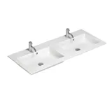 Stor och modern minimalistisk badrumsinspiration med dubbelhandfat, fyrkantiga speglar med ljusreglering, stilfulla pendellampor, stora grå plattor, och en rymlig design med mycket naturligt ljus