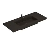 Stilrent och rymligt badrumsinspiration med stor rund spegel med svart ram, mörk stenhandsfat, färgad toalett, överskåp och öppen hylla i en sofistikerad och dämpad design