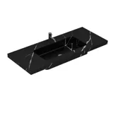 Modern och stilren badrumsinspiration med oval spegel med svart ram och ljusreglering, färgad toalett, tvättställsskåp, underskåp och skåp i rödbrun ek, Silestone handfat och matchande golv