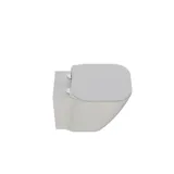 Litet, stilrent badrum med mörkblå väggar, mjuka gula badrumsmöbler med ribbor, och elegant rund spegel med lampa