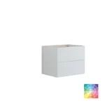 Badrum med snett tak inspiration, beige badrumsmöbler med räfflor, elegant bänkskiva och fyrkantigt bordsmonterat handfat, vacker fyrkantig spegel med stilfulla hyllor, blå väggar, stora fönster och svart fiskbensgolv ger ett ljust och urbant utseende.