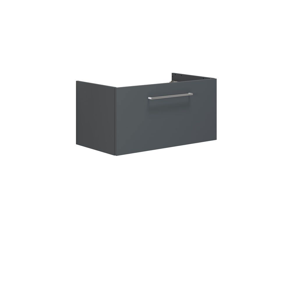 Badrumsinspiration med badrumsmöbler i mattgrått med elegant tvättställ, vacker kvadratisk spegel, grått golv och små plattor i olika nyanser av gult och grönt, som med gul vägg ger ett ljust och lekfullt uttryck