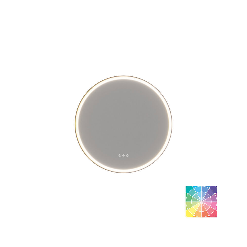 Badrumsinspiration med mörkblå väggpaneler, romantisk blommig tapet, mörkblått tvättställsskåp med mjuka former och en vacker rund spegel med ljus som skapar en vintagekänsla