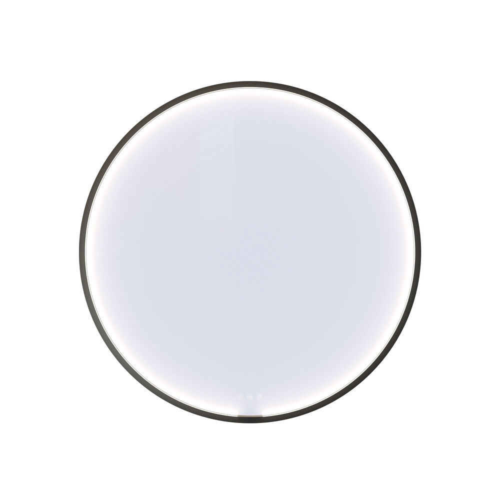 Stort och ljust badrum i minimalistisk stil med mjuka pastellfärger och eleganta gröna nyanser, stilfull rund spegel och modern inredning