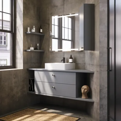 Badrumsinspiration med snedtak, grått tvättställsskåp och överskåp, specialtillverkade bänkskivor, modern fyrkantig fristående tvättställ, fyrkantig spegel med ljus, råa betongväggar och golv skapar en urban känsla