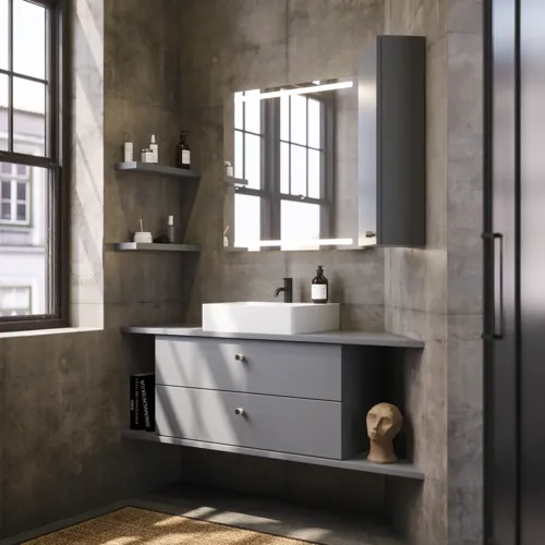 Badrumsinspiration med snedtak, grått tvättställsskåp och överskåp, specialtillverkade bänkskivor, modern fyrkantig fristående tvättställ, fyrkantig spegel med ljus, råa betongväggar och golv skapar en urban känsla