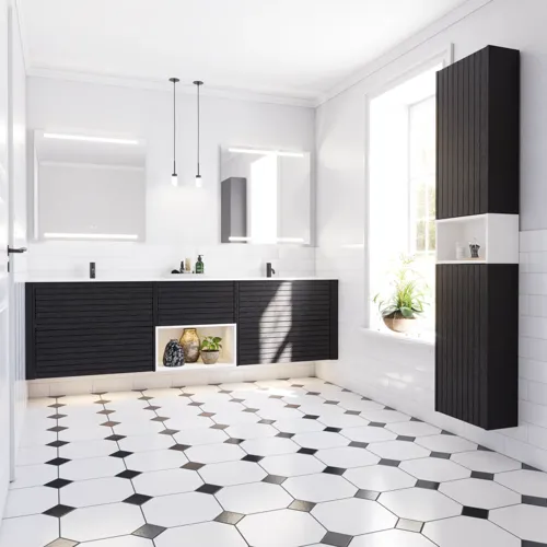 Stor badrumsinspiration med badrumsmöbler i svart ek med eleganta räfflor, stilfull dubbel handfat, fyrkantiga speglar, vita kakelplattor med geometriskt mönster ger ett ljust, symmetriskt och klassiskt utseende.