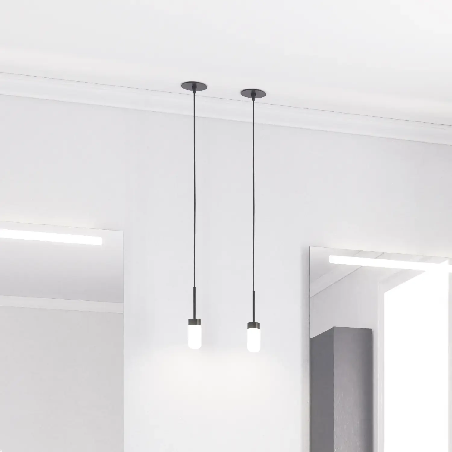 Stor badrumsinspiration med badrumsmöbler i svart ek med eleganta räfflor, stilfull dubbel handfat, fyrkantiga speglar, vita kakelplattor med geometriskt mönster ger ett ljust, symmetriskt och klassiskt utseende.