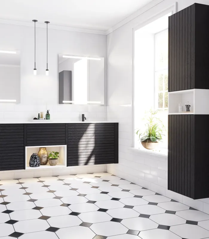 Stor badrumsinspiration med badrumsmöbler i svart ek med eleganta räfflor, stilfull dubbel handfat, fyrkantiga speglar, vita kakelplattor med geometriskt mönster ger ett ljust, symmetriskt och klassiskt utseende.