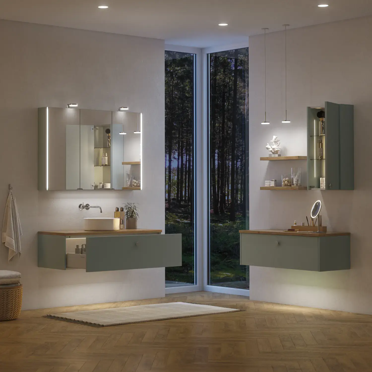 Stor badrumsinspiration i nordisk stil med badrumsmöbler i ljusblå färg och träbänkskiva med elegant fristående handfat, fiskbensgolv i trä som skapar en ljus och klassisk stil