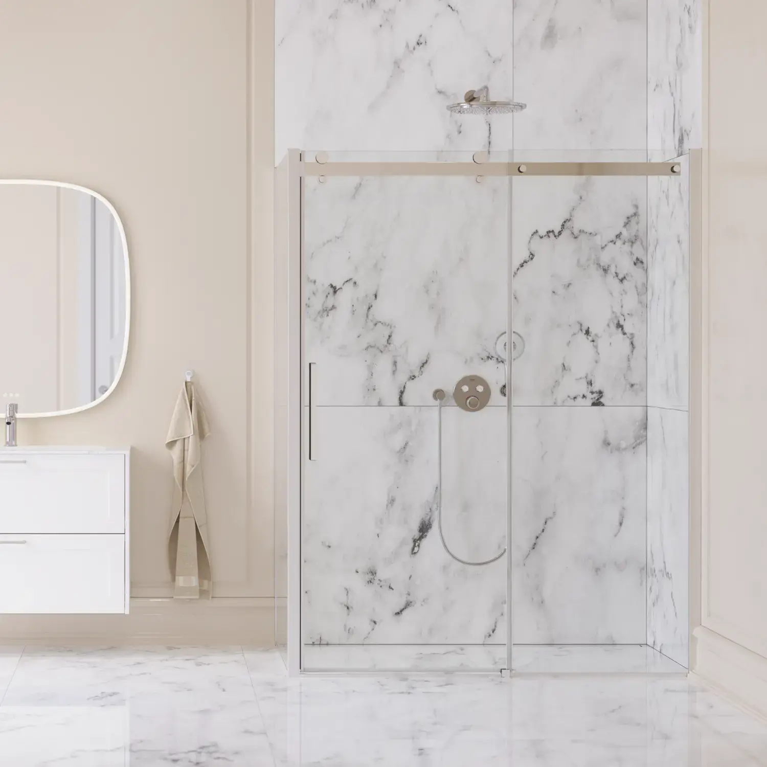 Inspiration till stort badrum med stor lyxig duschkabin med skjutdörr, vita badrumsmöbler, stora moderna plattor och långa gardiner för en klassisk och romantisk look