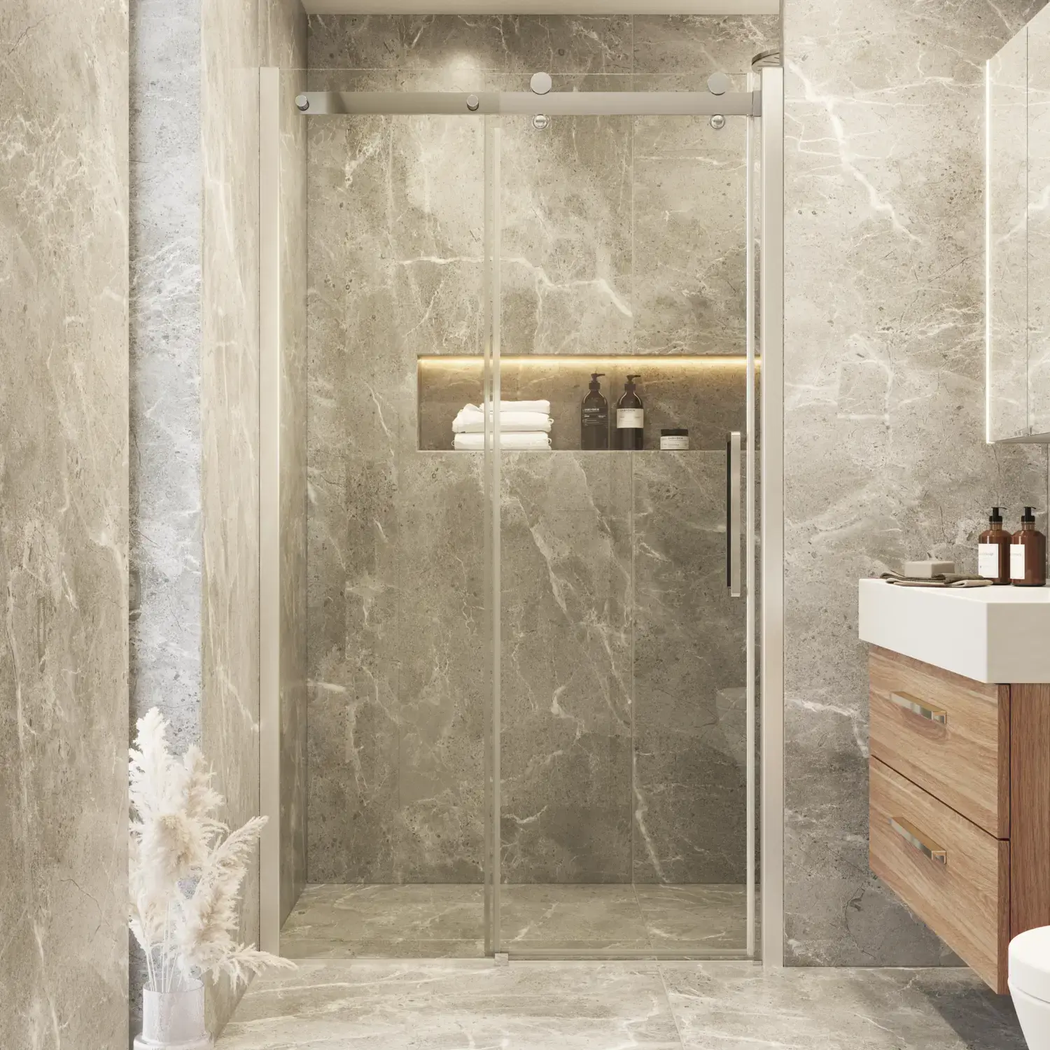 Badrumsinspiration med en duschkabin med skjutdörrar för en elegant och lyxig look i ditt badrum