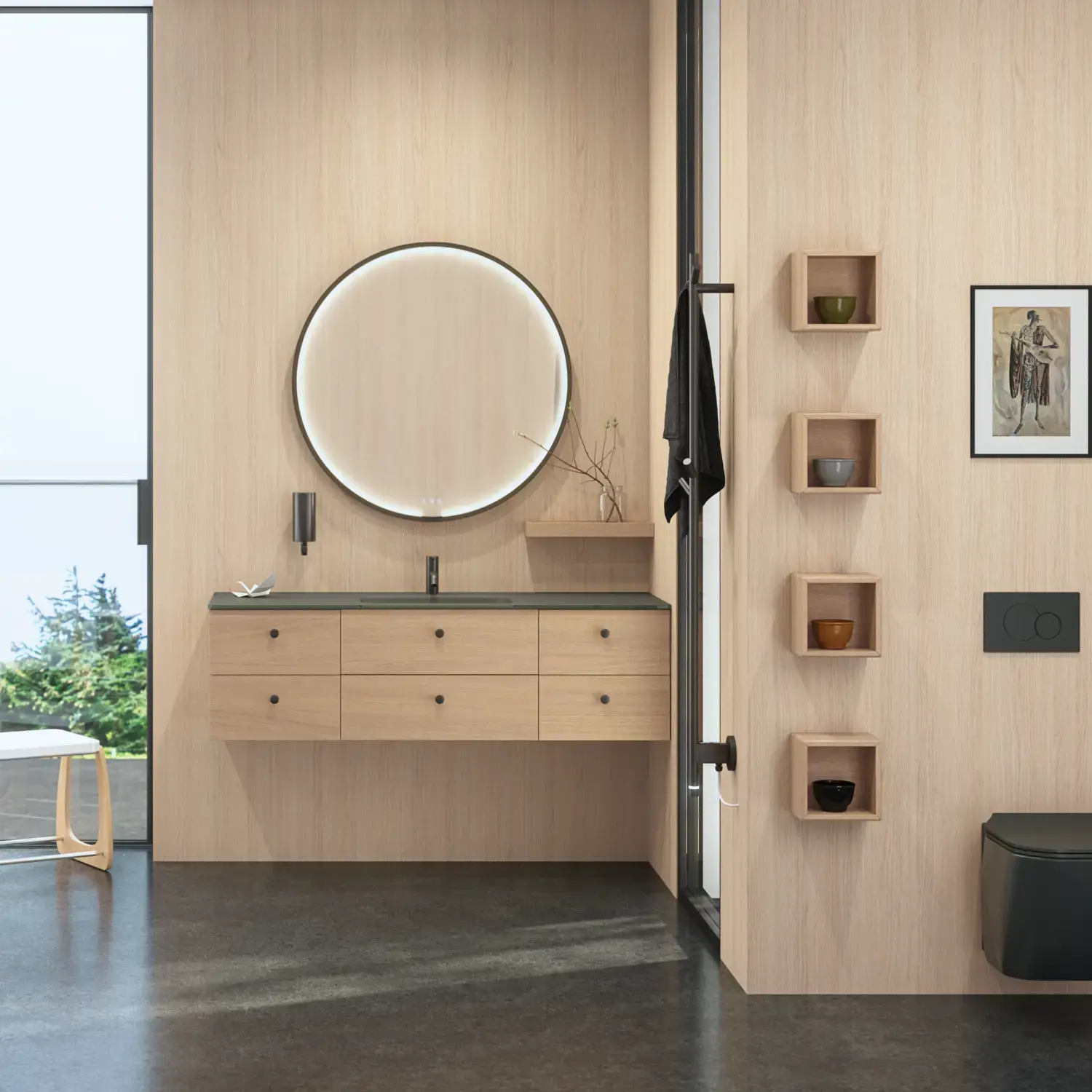 Stilrent badrum i skandinavisk och japandi inredningsstil med ljusa träväggar, rund spegel och minimalistiska badrumsmöbler