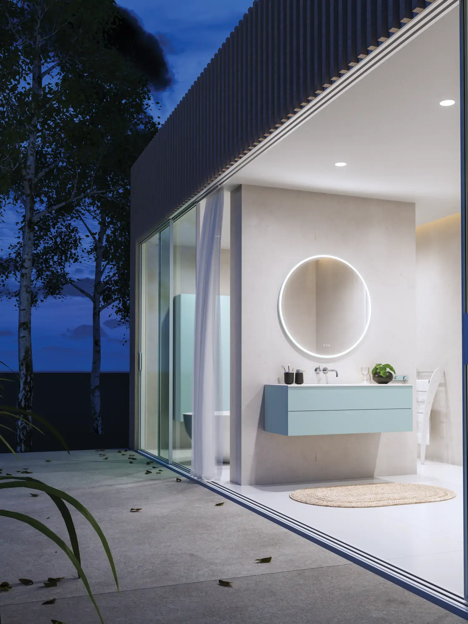 Stort och läckert badrum med badrumsmöbler i ljusa, blåa färger i nordisk stil