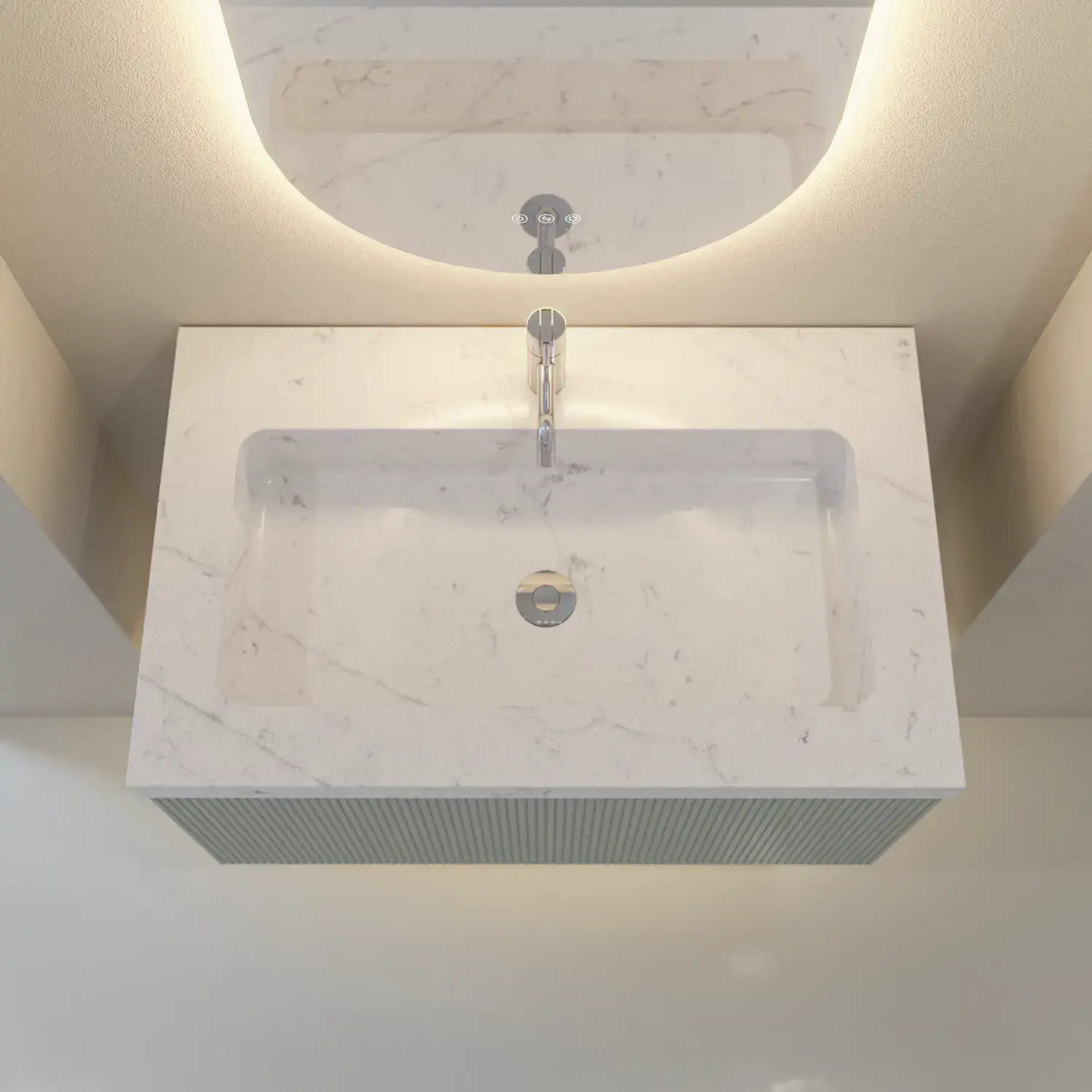 Stilfull och modern badrumsinspiration med ovala speglar med ljusreglering, stenhandfat och tvättställsskåp med fina och eleganta räfflor i en minimalistisk design, badrummet har en ljus och luftig atmosfär med elegant belysning och raffinerade detaljer