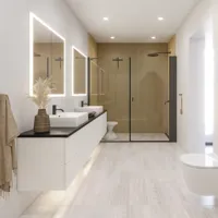Stort badrumsinspiration i modern och minimalistisk stil med vita badrumsmöbler och elegant svart bänkskiva med fyrkantiga fristående handfat, estetiska och praktiska inbyggda spegelskåp med ljusram samt walk-in dusch