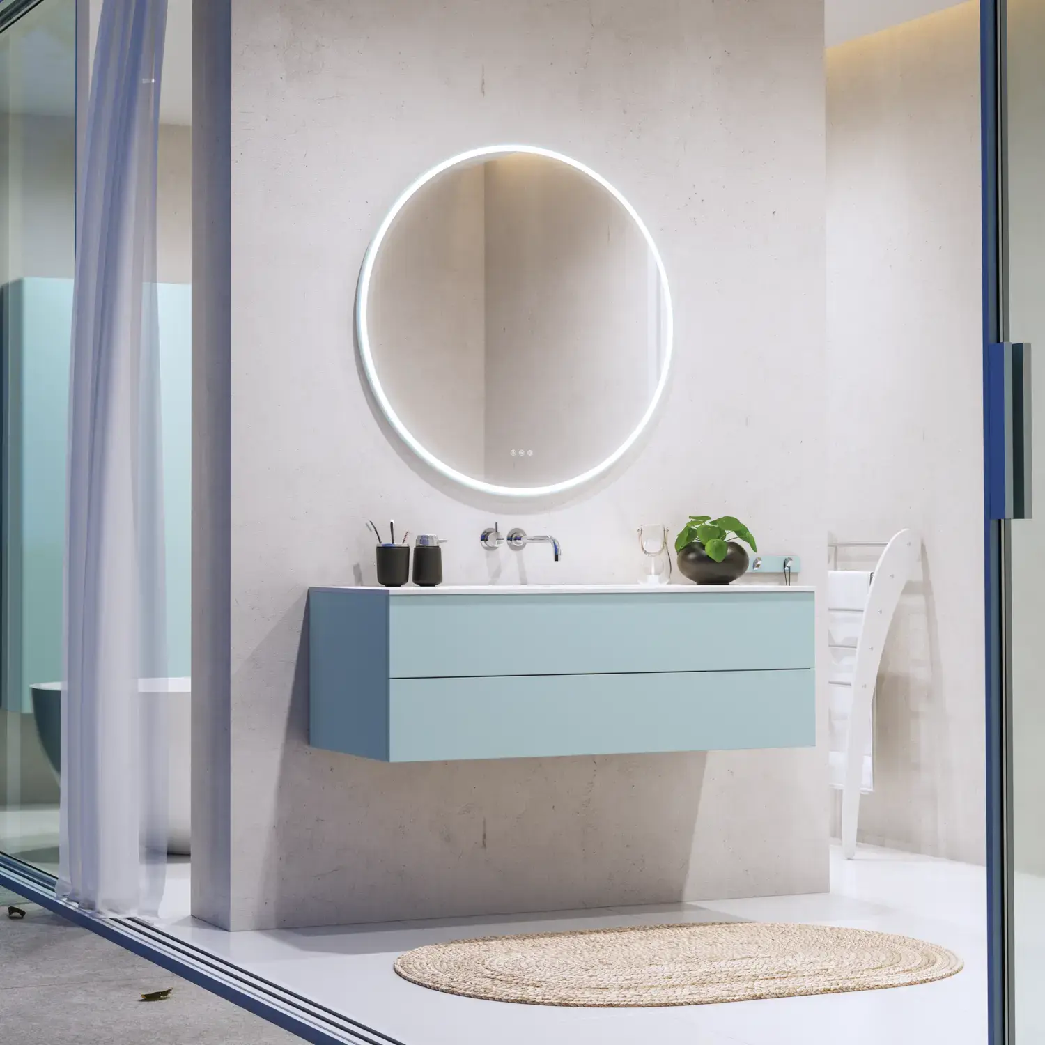 Stort och läckert badrum med badrumsmöbler i ljusa, blåa färger i nordisk stil