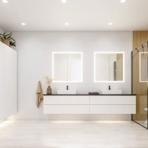Stort badrumsinspiration i modern och minimalistisk stil med vita badrumsmöbler och elegant svart bänkskiva med fyrkantiga fristående handfat, estetiska och praktiska inbyggda spegelskåp med ljusram samt walk-in dusch