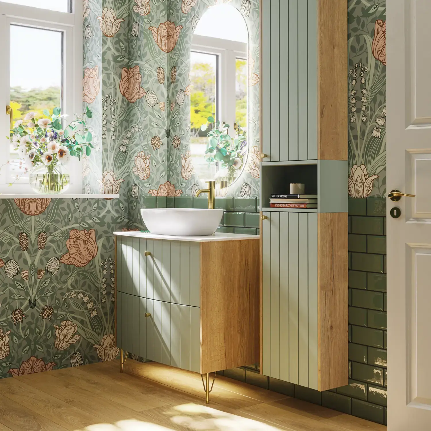 Badrumsinspiration med badrumsmöbler i grön specialfärg med sidor i naturlig ek, eleganta räfflor, stilfull bänkskiva med romantiskt ovalt bordsmonterat handfat, vacker oval spegel, ger tillsammans med blommigt tapet ett graciöst, vintage retro utseende.
