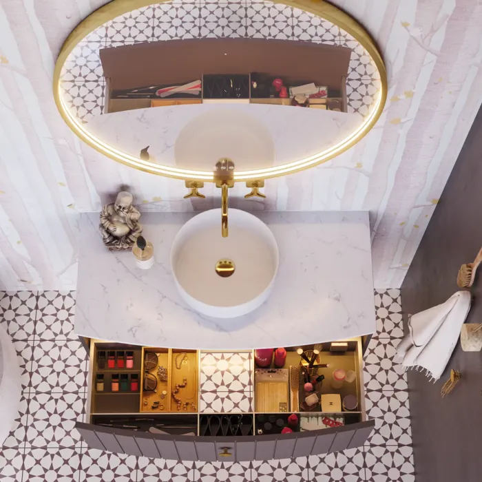 Inspirerande badrum med specialtillverkade lila skåp med eleganta ribbor, stilren bänkskiva och fristående handfat, stor spegel med mässingskant, kakel och väggar i lila nyanser ger en romantisk och feminin känsla