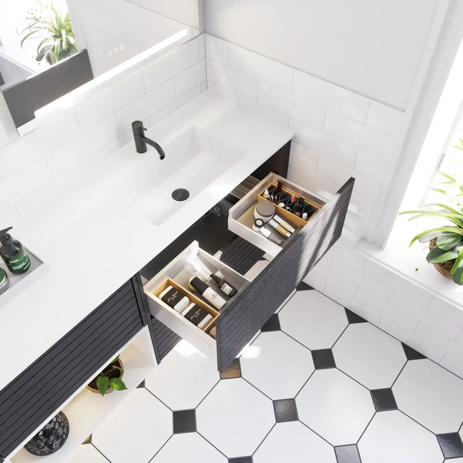 Stor badrumsinspiration med badrumsmöbler i svart ek med eleganta räfflor, stilfull dubbel handfat, fyrkantiga speglar, vita kakelplattor med geometriskt mönster ger ett ljust, symmetriskt och klassiskt utseende.