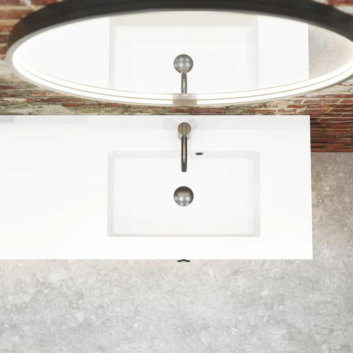 Rått och modernt badrum i urban stil. Vackra tvättställsskåp och runda speglar med svarta kanter