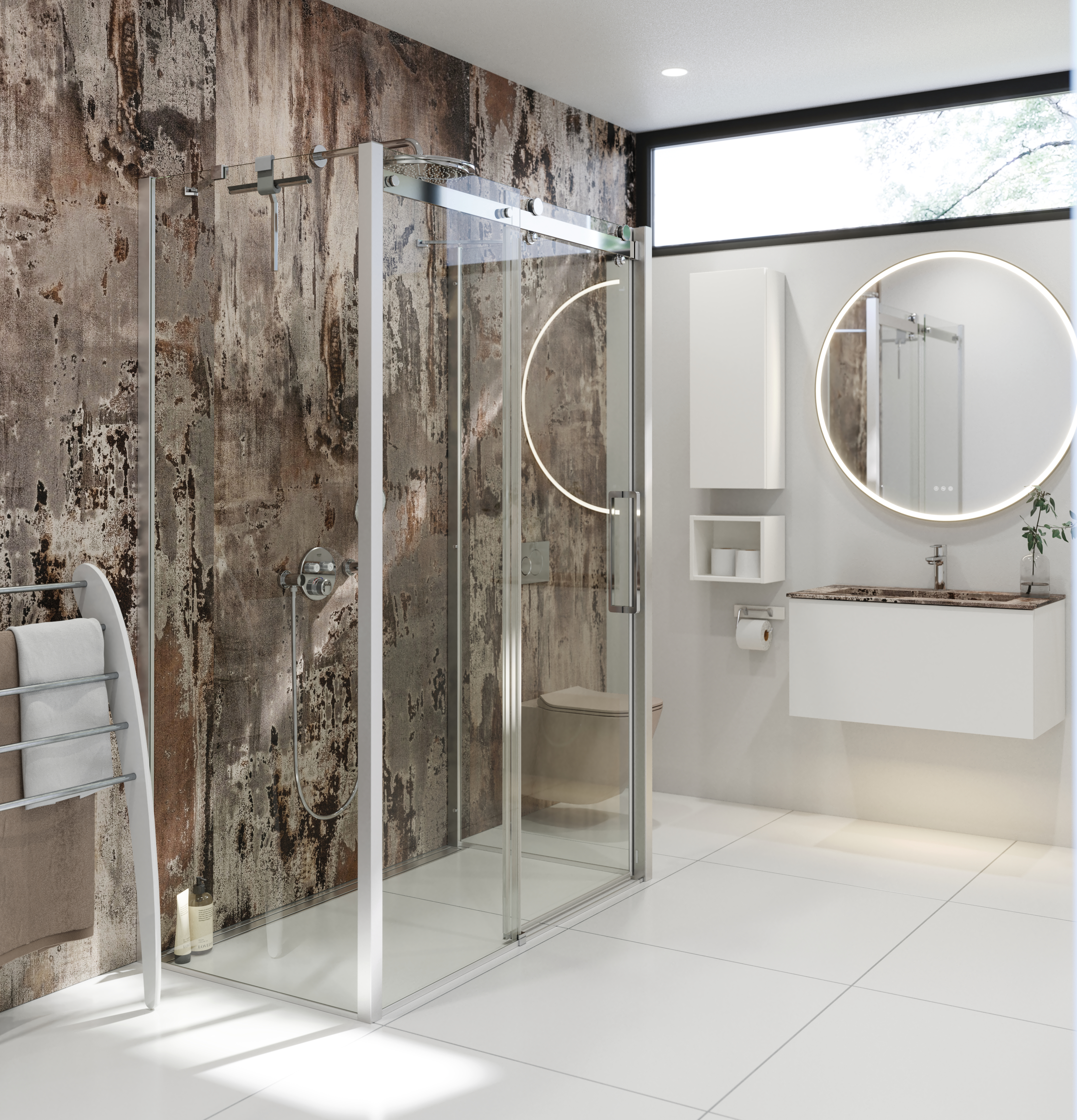 Badrumsinspiration med lyxig duschkabin med skjutdörr, vita badrumsmöbler och en vägg med rå look som ger badrummet en rå och urban känsla