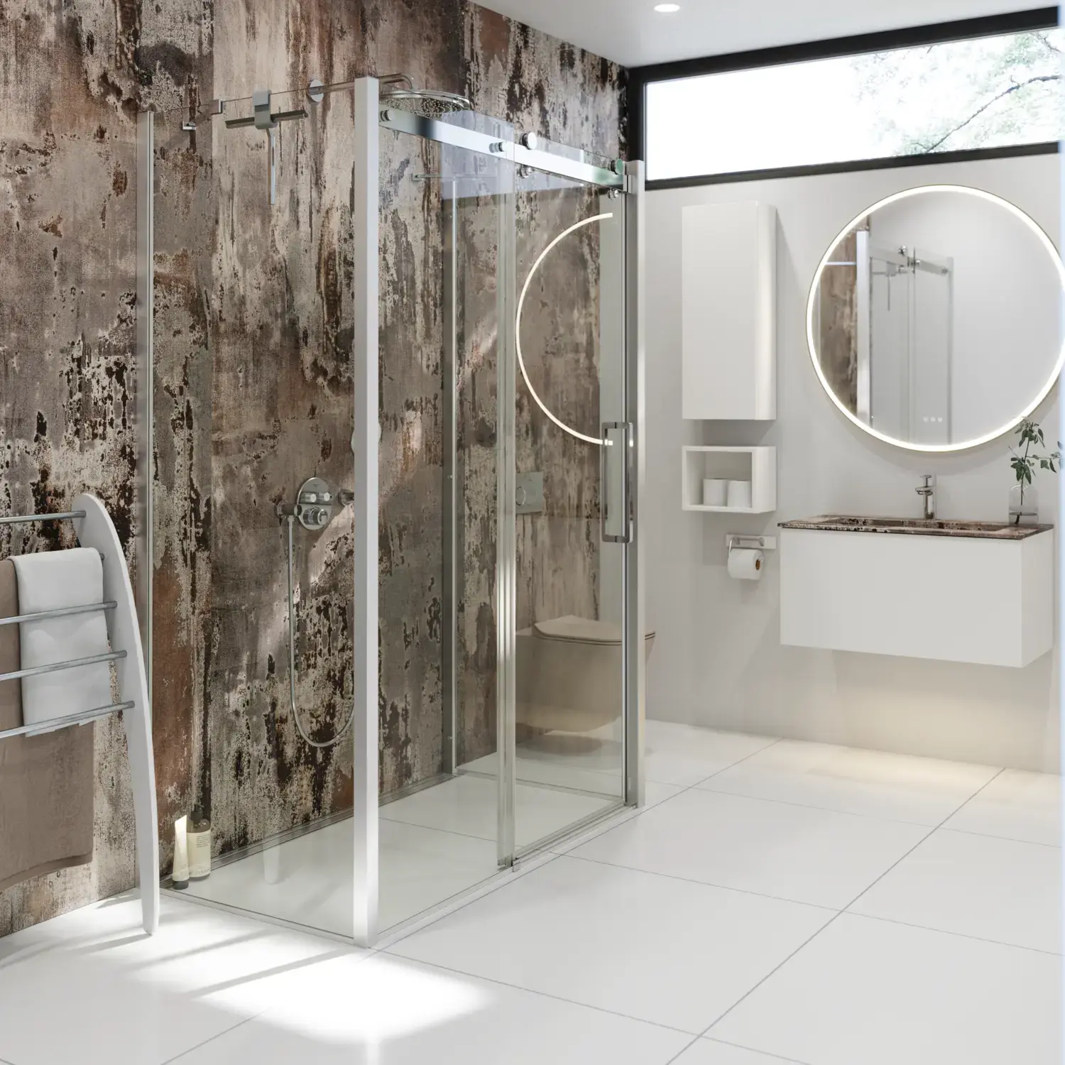 Badrumsinspiration med lyxig duschkabin med skjutdörr, vita badrumsmöbler och en vägg med rå look som ger badrummet en rå och urban känsla