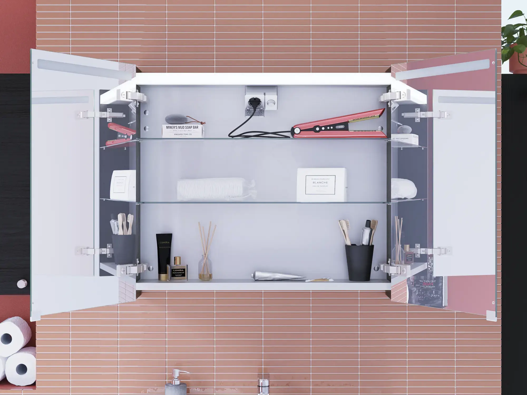 Stor badrumsinspiration med badrumsmöbler i Black Structure med ett elegant spegelskåp med integrerad belysning och praktisk och snygg inredning samt eluttag för en exklusiv badrumsupplevelse.