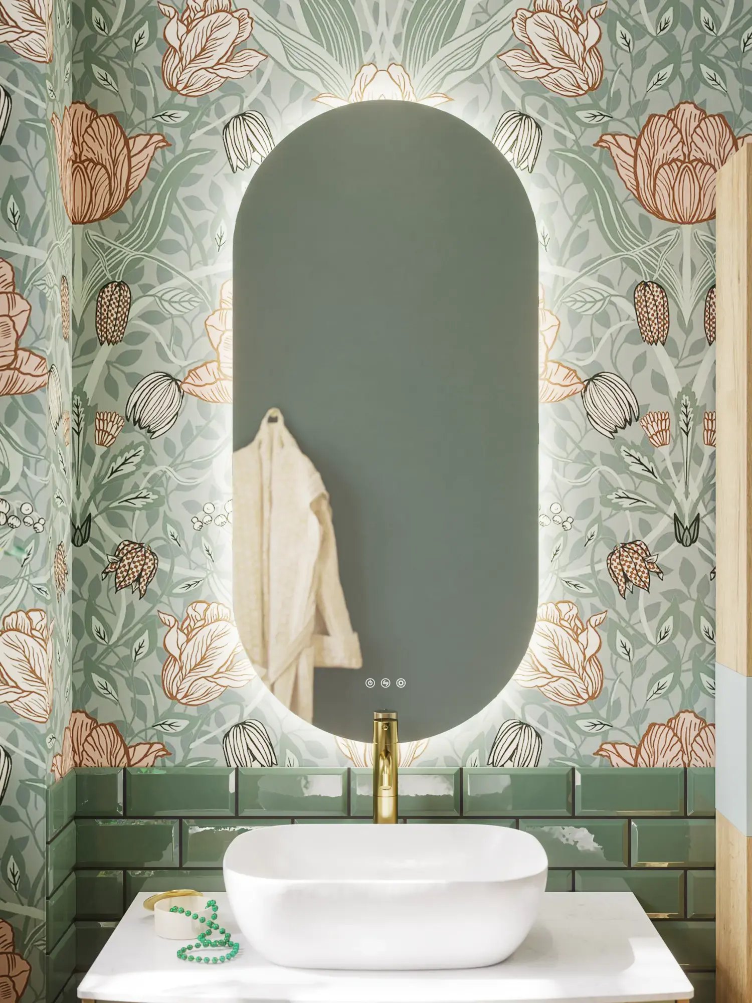 Badrumsinspiration med badrumsmöbler i grön specialfärg med sidor i naturlig ek, eleganta räfflor, stilfull bänkskiva med romantiskt ovalt bordsmonterat handfat, vacker oval spegel, ger tillsammans med blommigt tapet ett graciöst, vintage retro utseende.
