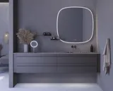 Stor badrumsinspiration med grå underskåp med integrerat handtag, snyggt sidomonterat handfat, fyrkantig spegel med rundade hörn, väggar i betonglook och råa material för en urban look