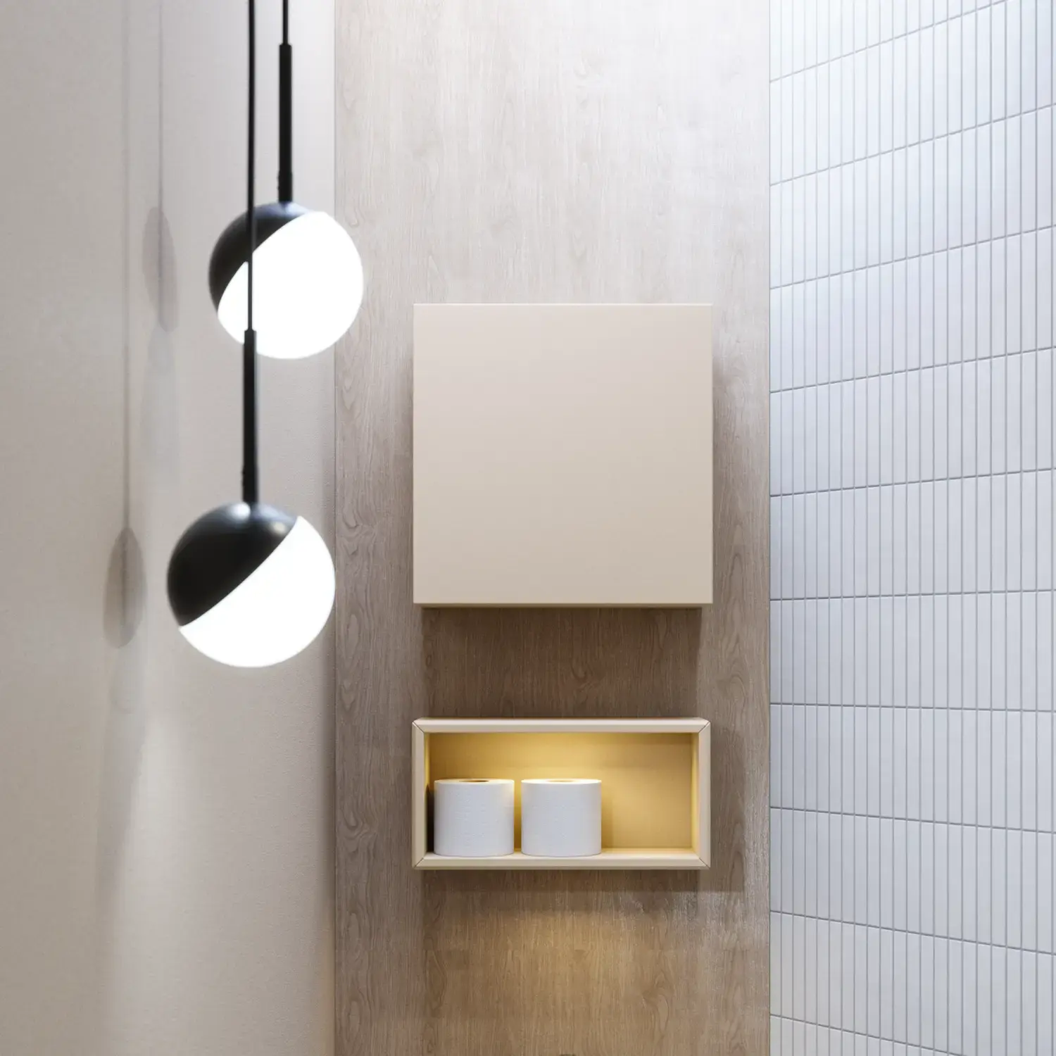 Stilfull badrumsinspiration med beige tvättställsskåp med innerskiva, överskåp, öppen hylla, ovalt spegel med belysning, matchande pendellampor, hylla under spegeln och vägghängd toalett. Väggar med ljusa, avlånga kakelplattor