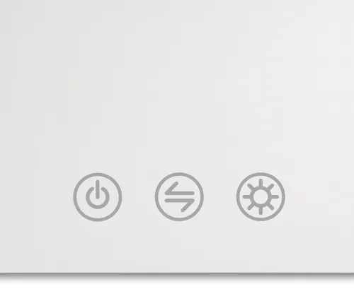 Ljusstyrning för spegel med eleganta små ikoner för justering av kallt/varmt ljus och ljusstyrka.