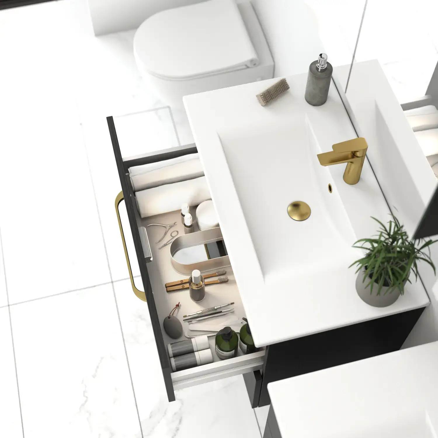 Badrumsinspiration med elegant tvättställ och snygg underskåpslåda med inredning, stora vita kakelplattor för ett ljust och minimalistiskt utseende.