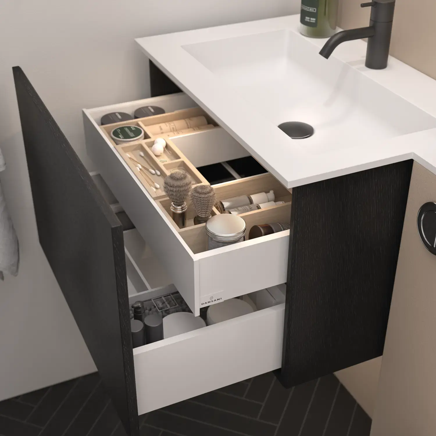 Elegant tvättställsskåp med praktisk innerskuff och eleganta lådinredningar med stilfulla trälådor.