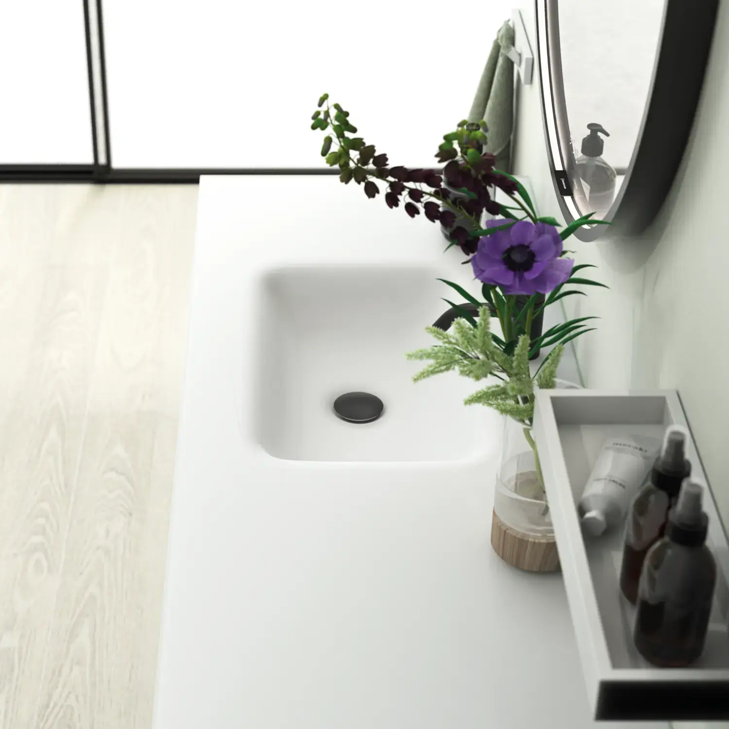 Stort och ljust badrum i minimalistisk stil med mjuka pastellfärger och eleganta gröna nyanser, stilfull rund spegel och modern inredning.