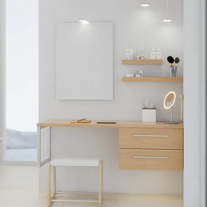 Modernt sminkbord i nordisk stil med ljust trä, elegant belysning, fyrkantig spegel och förvaringshyllor som skapar en stilfull och funktionell plats.