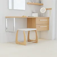 Modernt sminkbord i nordisk stil med ljust trä, elegant belysning, fyrkantig spegel och förvaringshyllor som skapar en stilfull och funktionell plats.