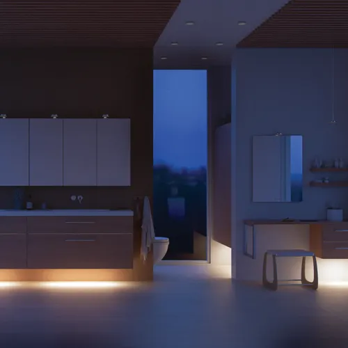 Modernt badrum i nordisk stil med ljust trä, elegant belysning, spegelskåpsvägg och stilfull inredning som skapar en varm och inbjudande atmosfär.