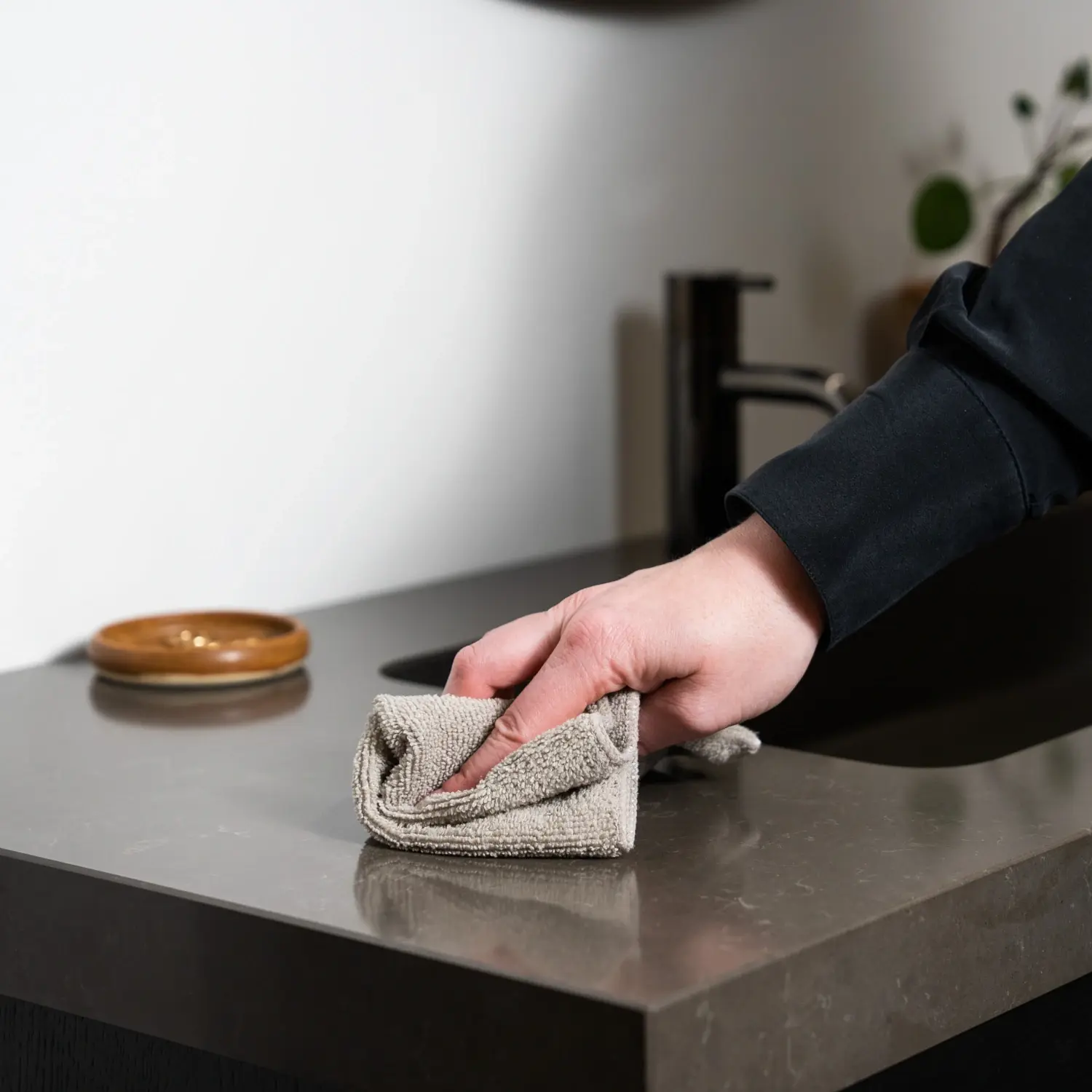 Rengöring och underhåll av badrumsmöbler: En person torkar varsamt av en mörk badrumsbänkskiva med en beige mikrofiberduk för att ta bort smuts och vattendroppar.
