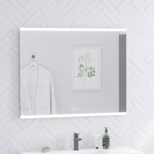 Badrumsinspiration med tvättställsskåp och högskåp i svart ek, elegant fyrkantigt handfat och fyrkantig spegel med integrerat ljus, stora vita kakelplattor på golvet och fiskbensplattor på väggen som skapar ett ljust och modernt uttryck.
