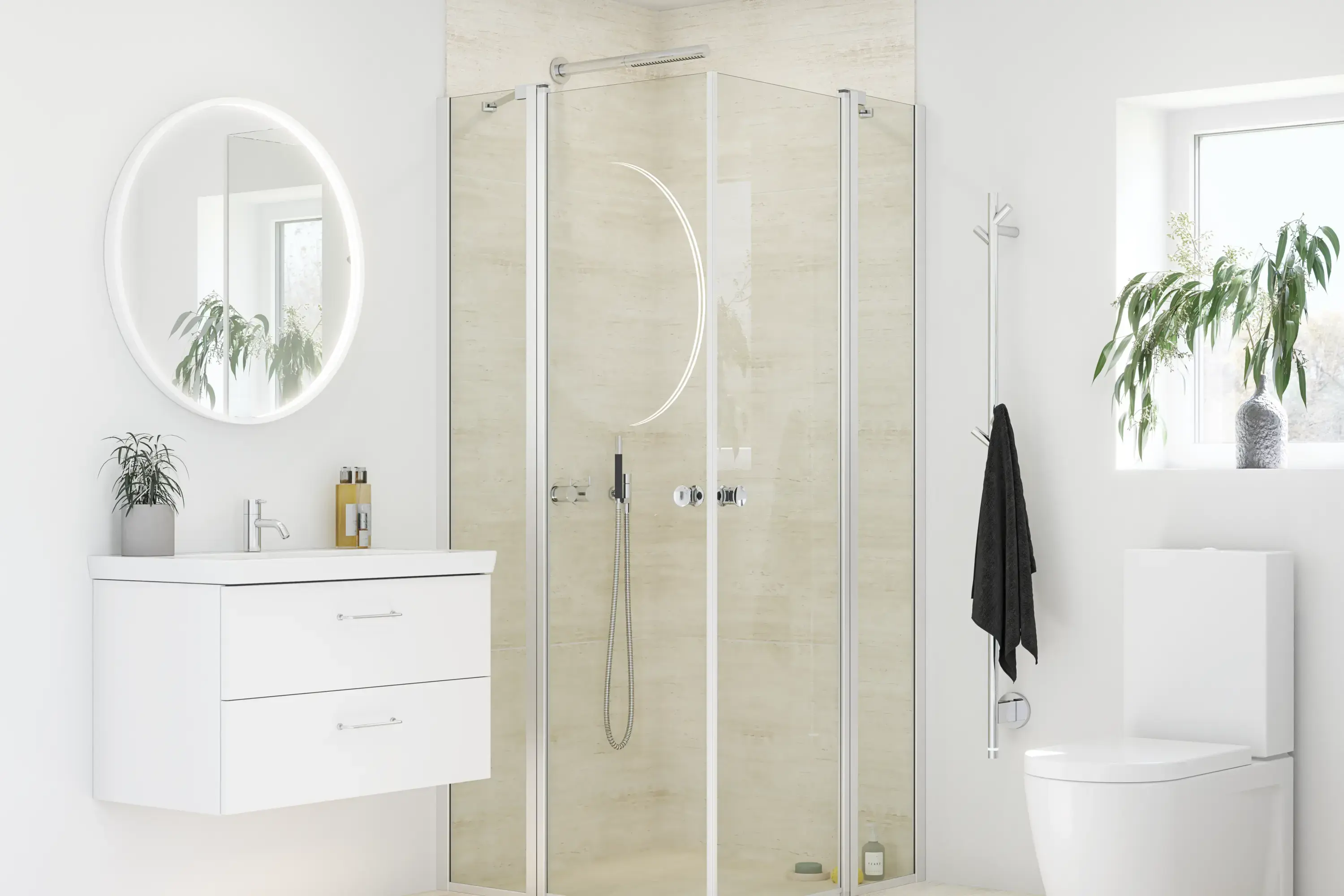Badrumsinspiration med vit badrumsmöbel och duschskärm med fasta duschväggar med slagdörrar i klarglas och profiler i satin, elegant elektrisk handdukstork, som med vita väggar och ljusa golv ger ett ljust och modernt uttryck.