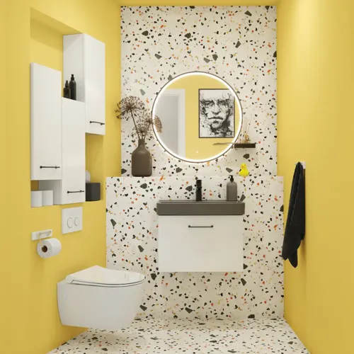 Liten badrumsinspiration med vitt tvättställsskåp med svart handtag och svart elegant handfat, vacker rund spegel med svart kant, förskjutna överskåp samt terrazzo vägg och golv och gula väggar ger ett modigt och modernt utseende.