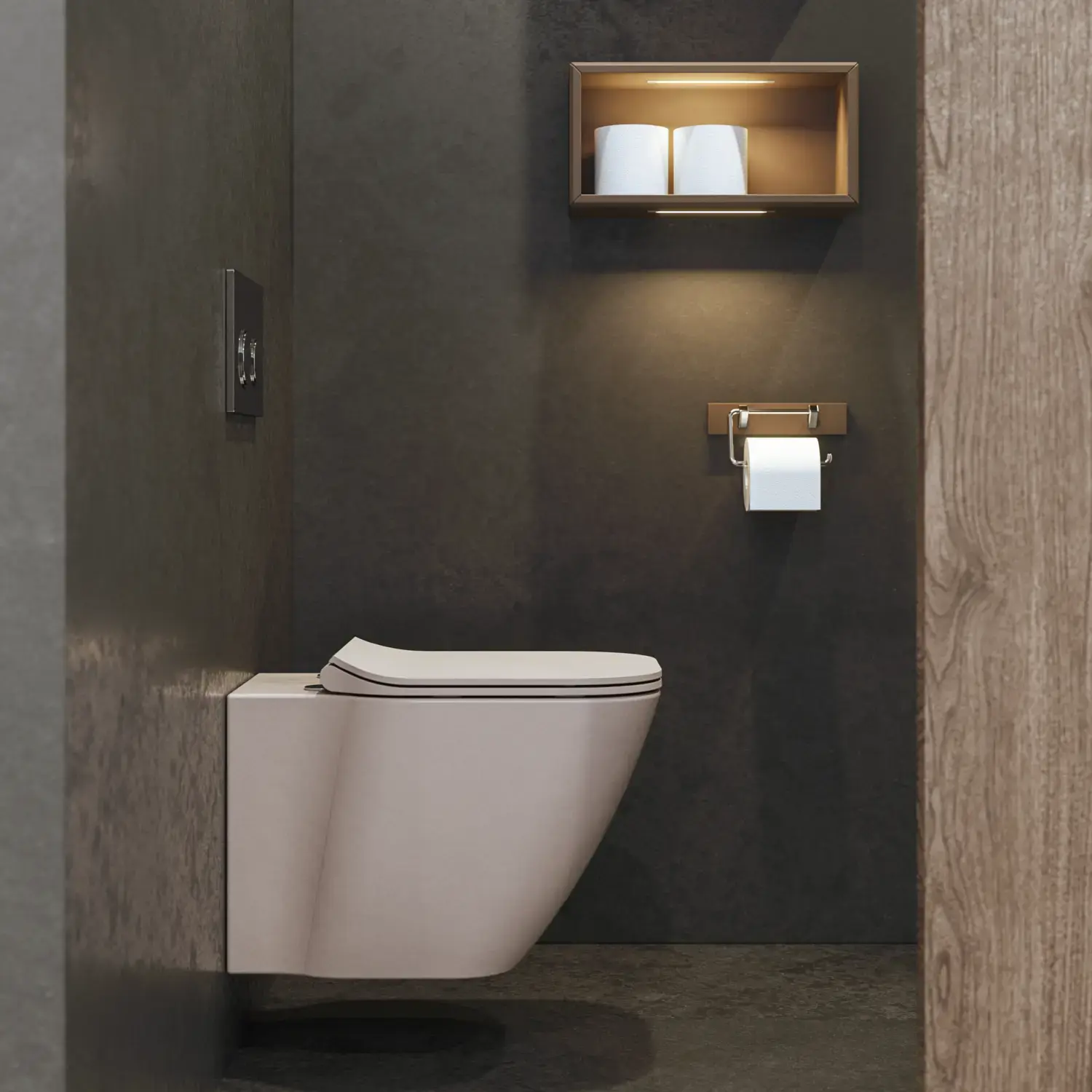 Stilrent och rymligt badrumsinspiration med stor rund spegel med svart ram, mörk stenhandsfat, färgad toalett, överskåp och öppen hylla i en sofistikerad och dämpad design.