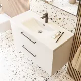 Stor badrumsinspiration med badrumsmöbler i mattvitt med elegant handfat och fyrkantig spegel med svart kant och lampa, terrazzo vägg och golv och växter på väggen för en modern och sofistikerad look.