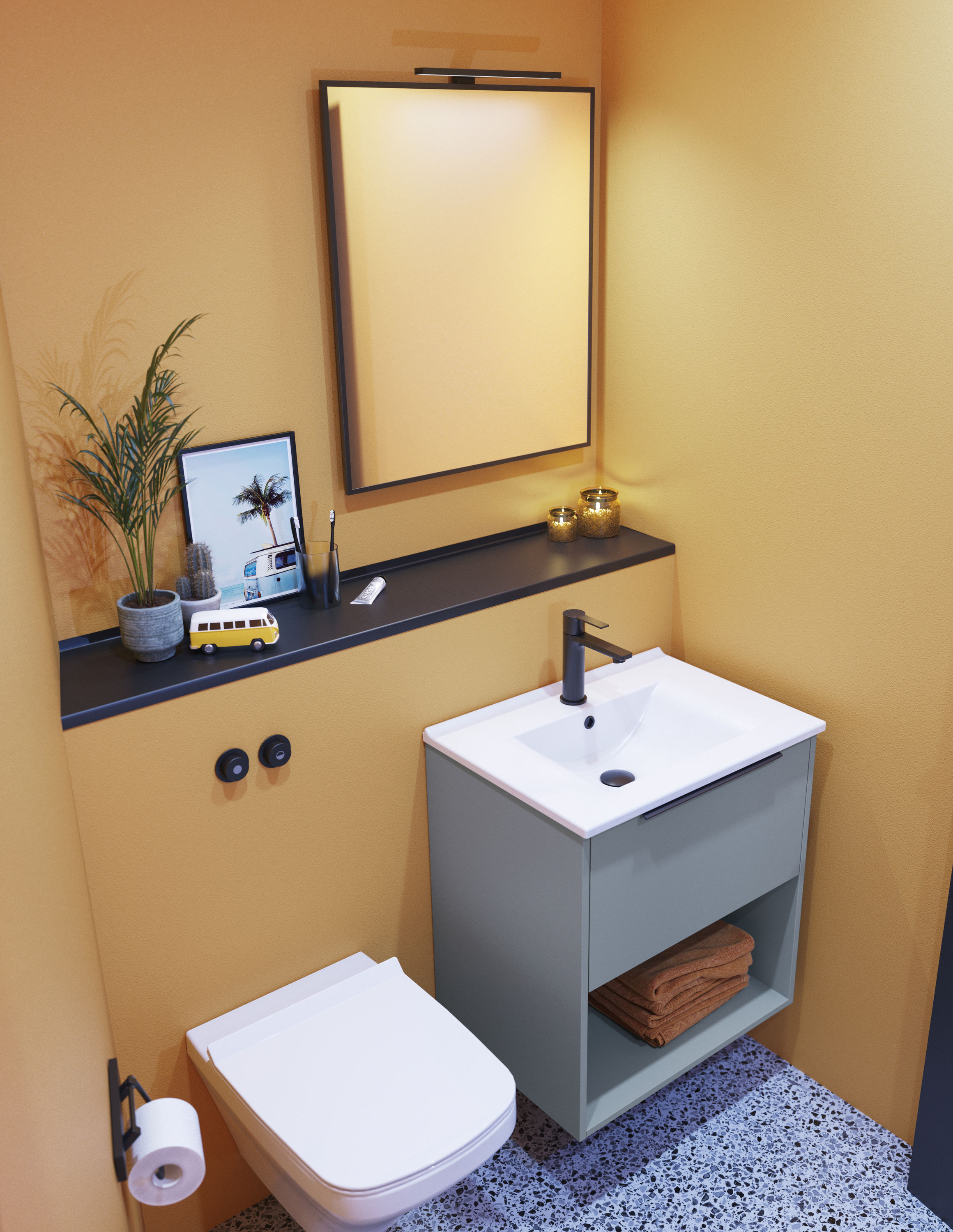 Liten badrumsinspiration med sneda och varma gula väggar, elegant tvättställsskåp i ljusblått, tunn och stilren handfat samt minimalistisk fyrkantig spegel med svart kant och praktisk lampa.