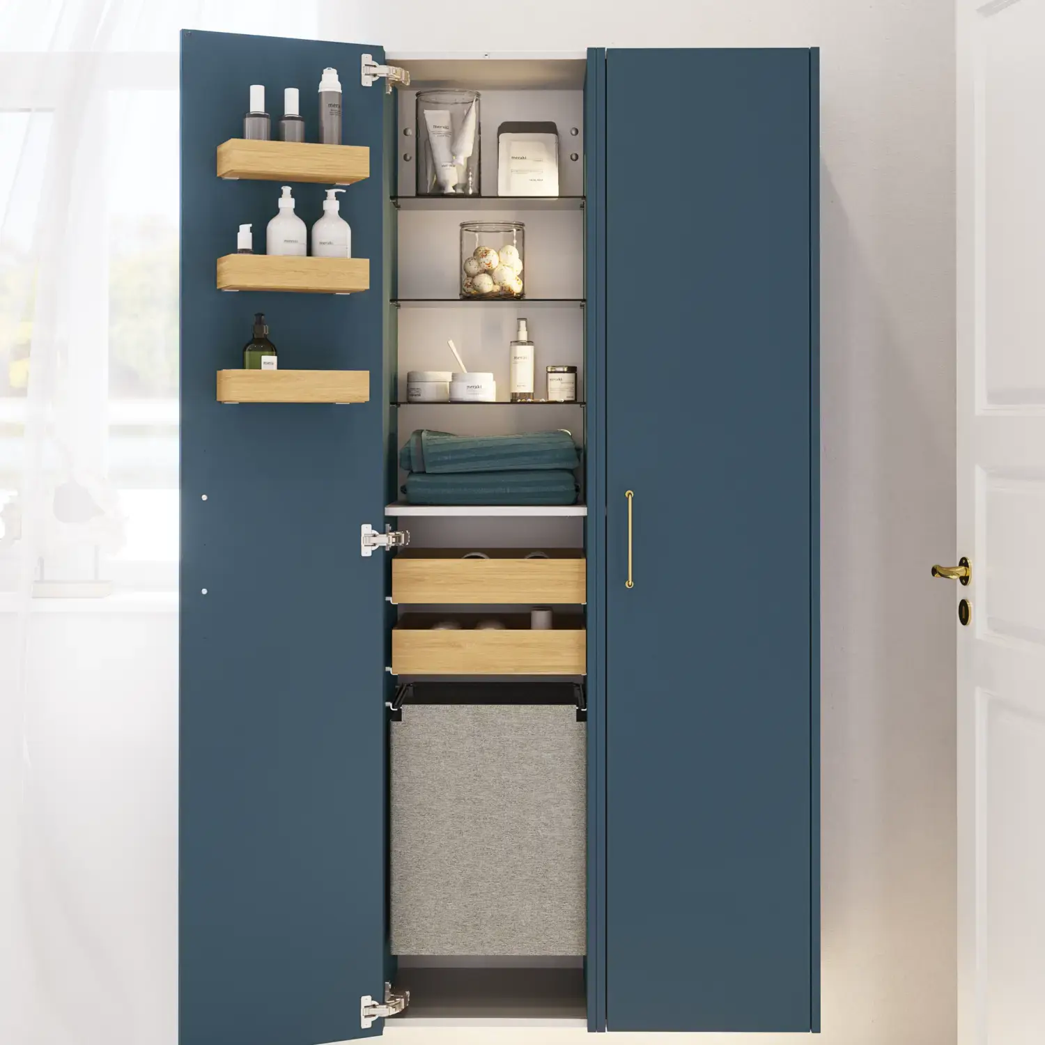 Badrumsinspiration med badrumsmöbler i modern blå färg, elegant fristående handfat och stor fyrkantig spegel med belysning, vita fiskbensplattor ger ett stilrent och klassiskt uttryck