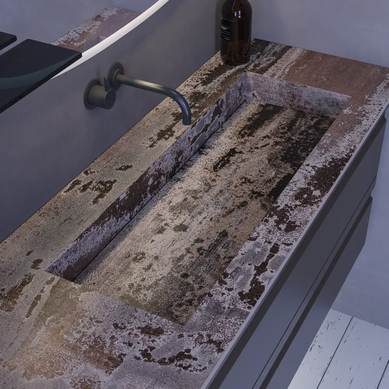 Stor badrumsinspiration med grå underskåp med integrerat handtag, snyggt sidomonterat handfat, fyrkantig spegel med rundade hörn, väggar i betonglook och råa material för en urban look