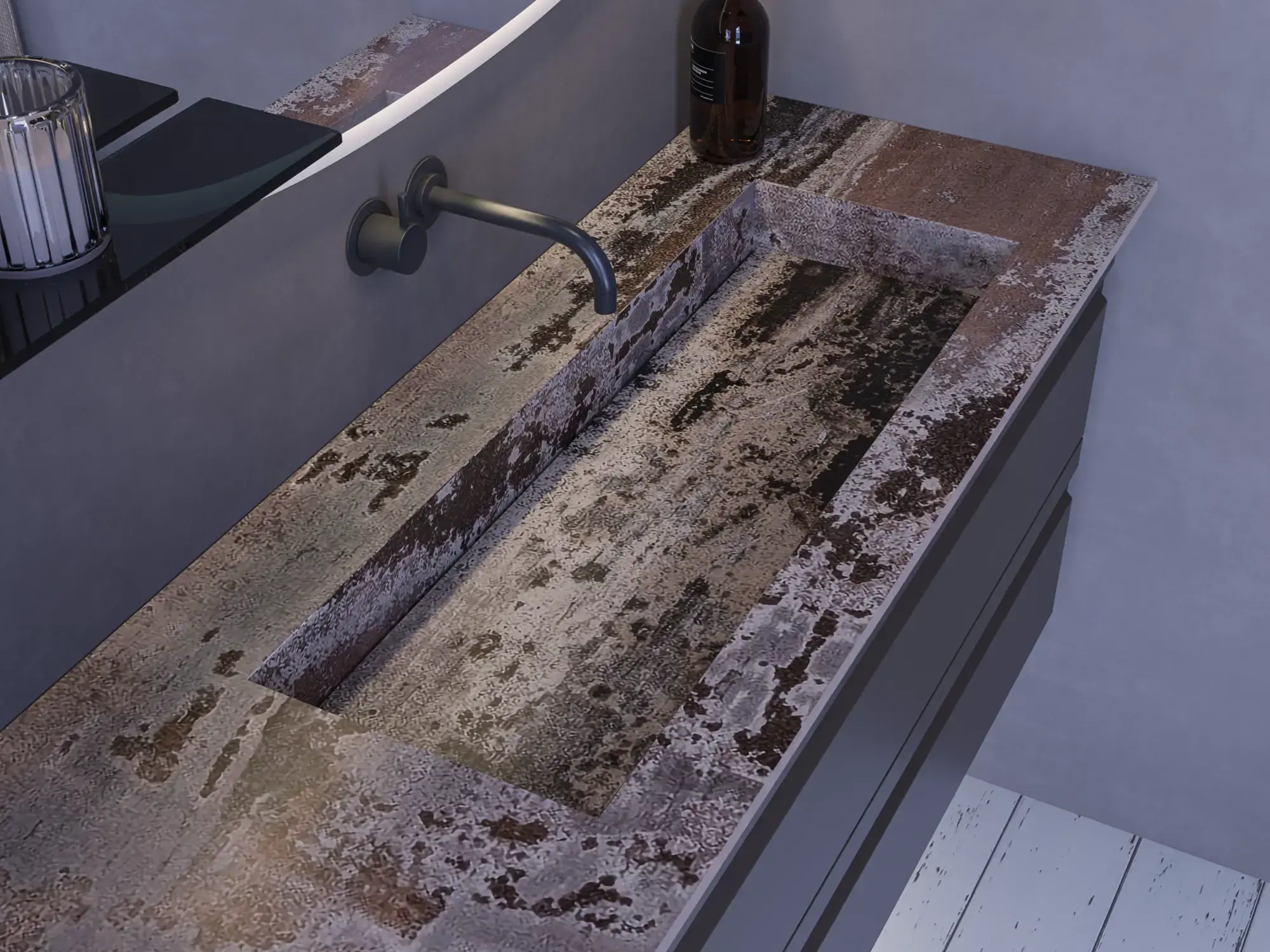 Stor badrumsinspiration med grå underskåp med integrerat handtag, snyggt sidomonterat handfat, fyrkantig spegel med rundade hörn, väggar i betonglook och råa material för en urban look